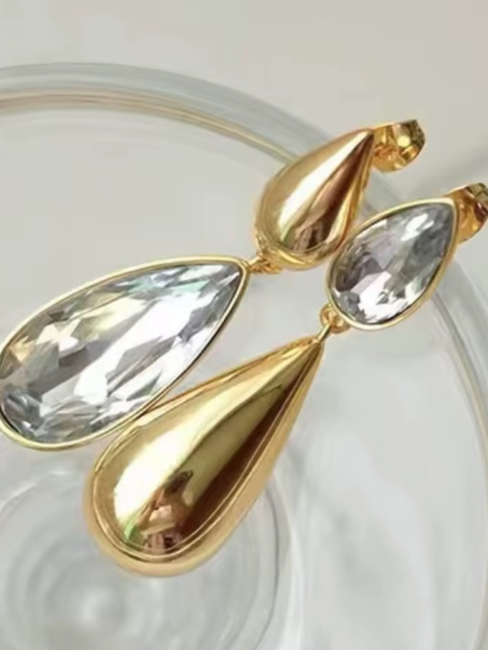 Gold & Crystal Teardrop Statement Earrings – Asymmetrical Drop Earrings - Picture 5 of 11